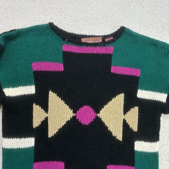 Vintage Worthington Sweater Womens Medium M Black Green Pink Geometric Pullover - Picture 3 of 12